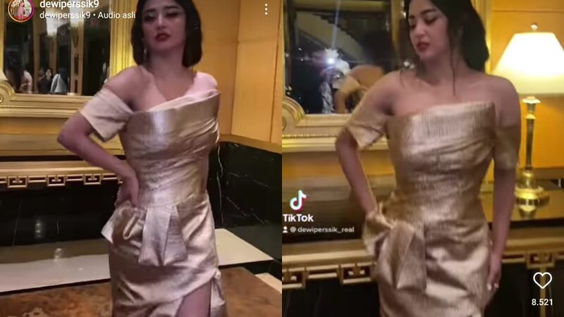 Dewi Perssik mengunggah video dirinya yang mengenakan gaun berwarna gold, ia pun tampak cantik dan body goals dengan gaun mewahnya itu.