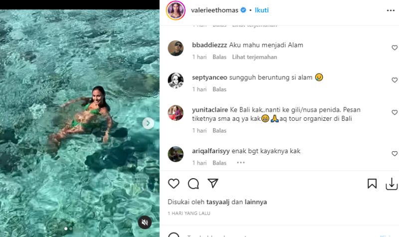 Valerie Thomas Berenang di Laut Pakai Bikini, Netizen: Sungguh Beruntung Menyaksikannya 2 Lampiran Gambar
