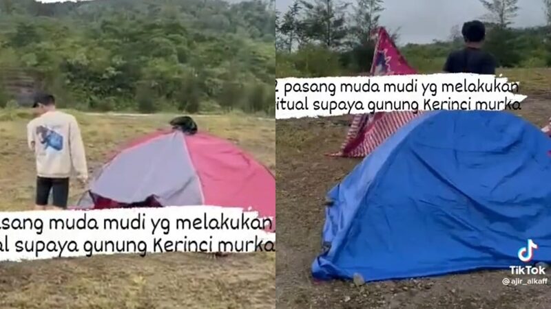 Dua pasang anak muda yang bukan pasangan suami istri terciduk warga sekitar sedang berduaan di dalam tenda pada siang hari.