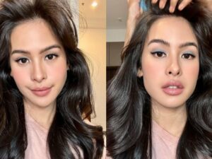 Cekricek.id – Maudy Ayunda tampil sedikit berbeda dengan polesan eye shadow biru yang mewarnai kelopak matanya. Riasan wajah secara keseluruhan juga lebih tebal sehingga membuat pesona kecantikannya semakin memancar keluar.