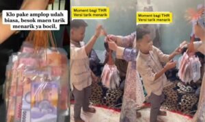 Cekricek.id, Berita Viral – Biasanya THR Idul Fitri diberikan secara langsung atau pakai amplop dan sama rata untuk tiap orangnya. Namun sedikit berbeda dengan yang terjadi di tahun ini, seperti sebuah video yang beredar di media sosial. Pembagian dengan cara baru dan unik ini sukses menuai banyak perhatian netizen.