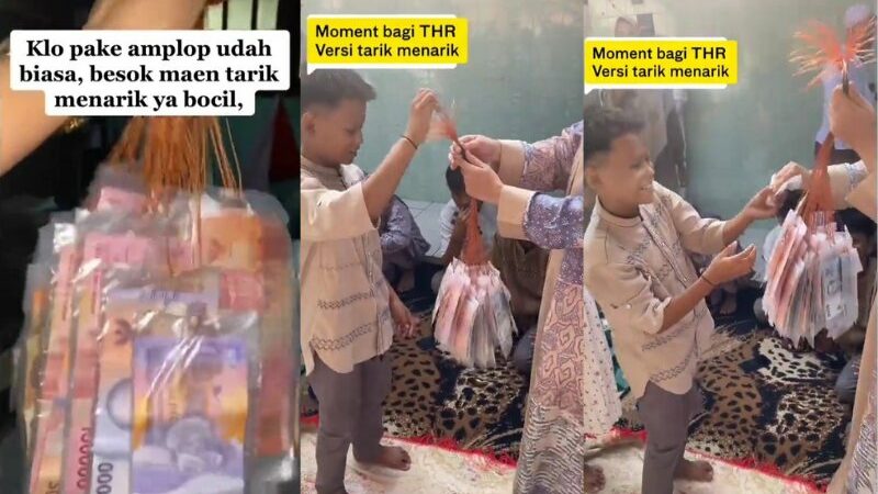 Cekricek.id, Berita Viral – Biasanya THR Idul Fitri diberikan secara langsung atau pakai amplop dan sama rata untuk tiap orangnya. Namun sedikit berbeda dengan yang terjadi di tahun ini, seperti sebuah video yang beredar di media sosial. Pembagian dengan cara baru dan unik ini sukses menuai banyak perhatian netizen.