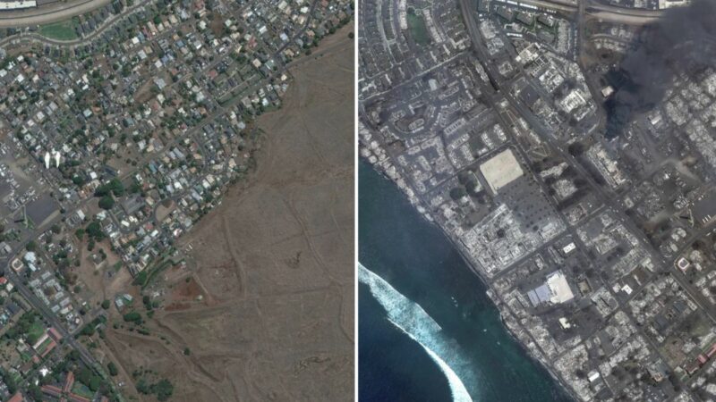 Citra Satelit Sebelum dan Sesudah Kebakaran Maui, Hawaii