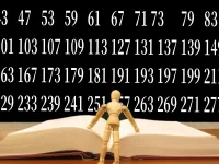 Ilustrasi visualisasi bilangan prima dalam bentuk grid numerik dengan latar belakang biru gelap menampilkan pola matematika kompleks