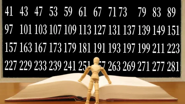 Ilustrasi visualisasi bilangan prima dalam bentuk grid numerik dengan latar belakang biru gelap menampilkan pola matematika kompleks