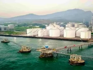 Fasilitas penyimpanan kimia dan gas serta dermaga milik Chandra Daya Investasi di kawasan industri