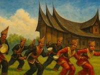 Ilustrasi penari kreasi Minangkabau menampilkan gerakan tradisional dengan kostum khas.