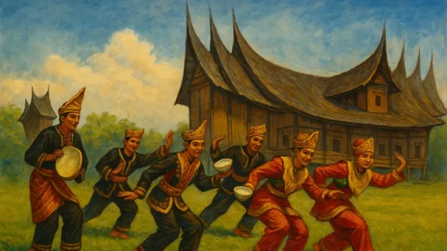 Ilustrasi penari kreasi Minangkabau menampilkan gerakan tradisional dengan kostum khas.