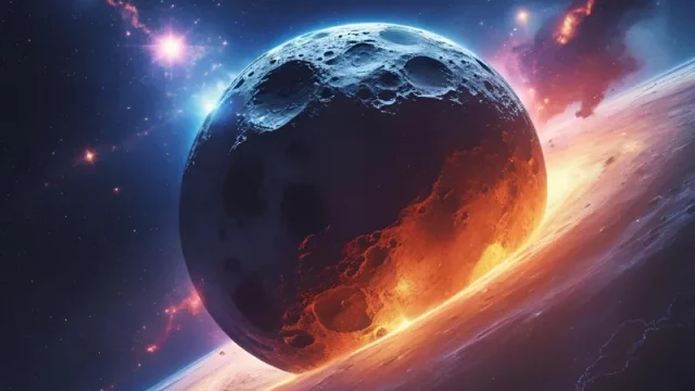 Ilustrasi asteroid besar mendekati Bumi dan Bulan dengan cahaya matahari di latar belakang menunjukkan potensi ancaman ruang angkasa